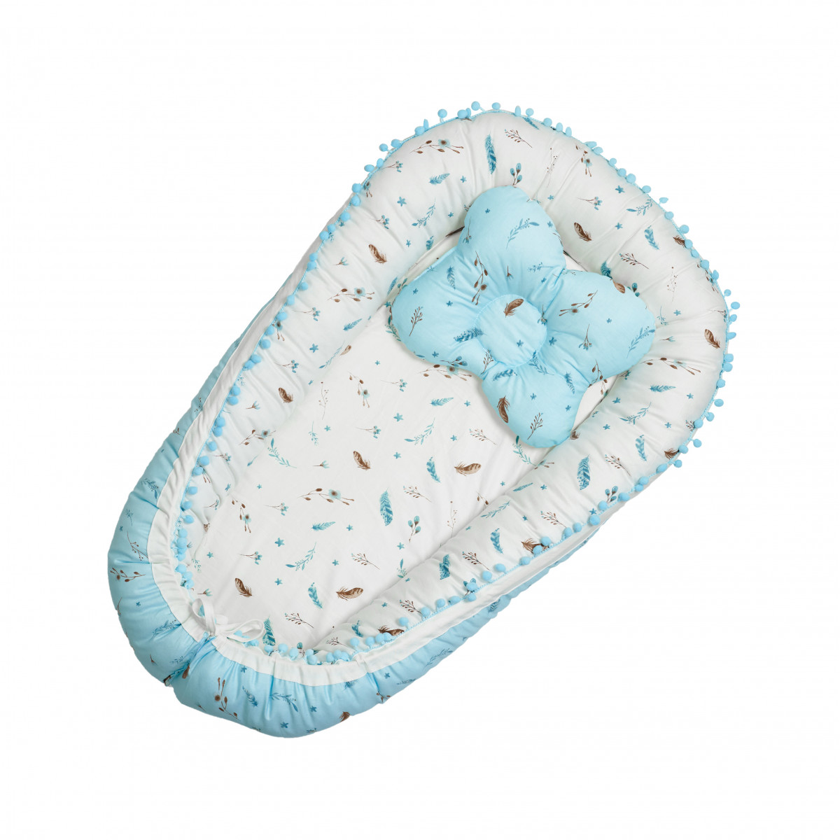

Кокон для новорожденных Twins Маршмеллоу 9063-TM-04 Перышки Голубой/Белый с принтом и подушкой