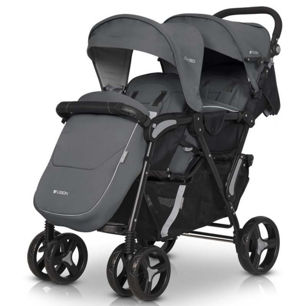 

Коляска прогулочная для двойни EasyGo Fusion Duo 2021 Iron с корзиной и дождевиком + 2 чехла для ножек