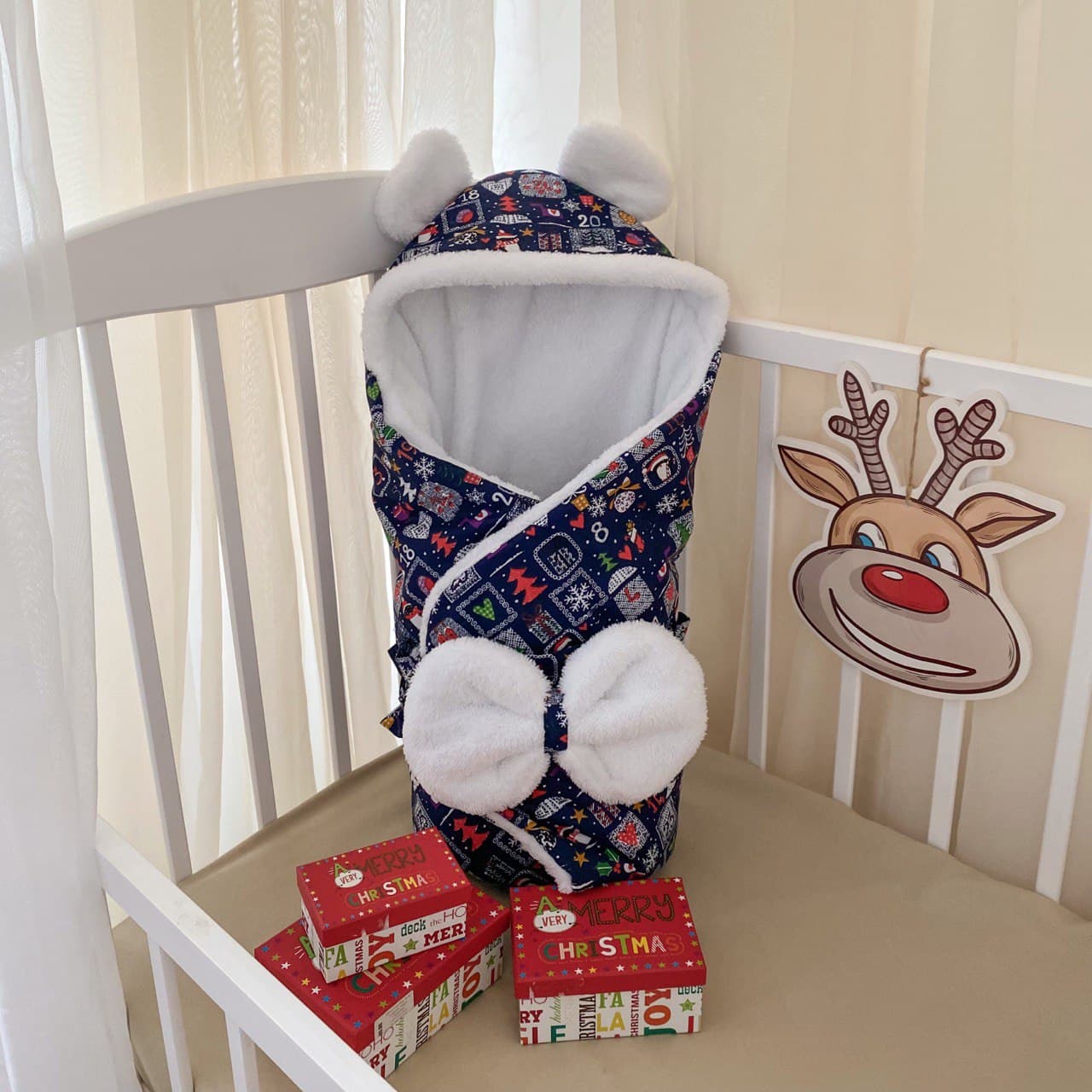 

Конверт-ковдра BetiS "Новий рік" Зима з поясом-резинкою Синій Ранфорс,махра 27689851