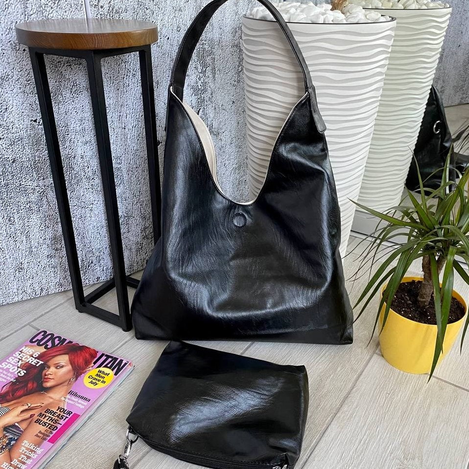 

Сумка Fashion Shopper двухсторонняя 2в1 с клатчем черная с бежевым ШОП1