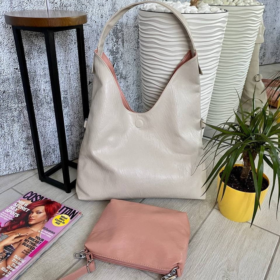 

Сумка Fashion Shopper двухсторонняя 2в1 с клатчем бежевый с пудрой ШОП3