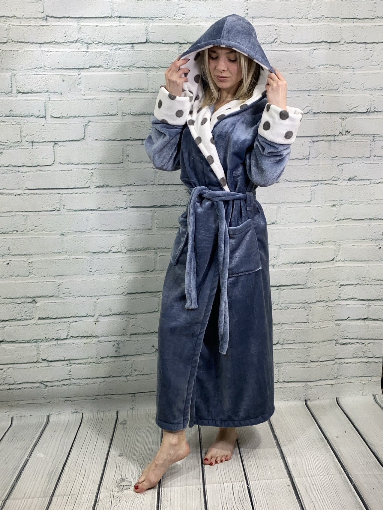

Халат длинный махровый Art fashion Горошек L темно-серый