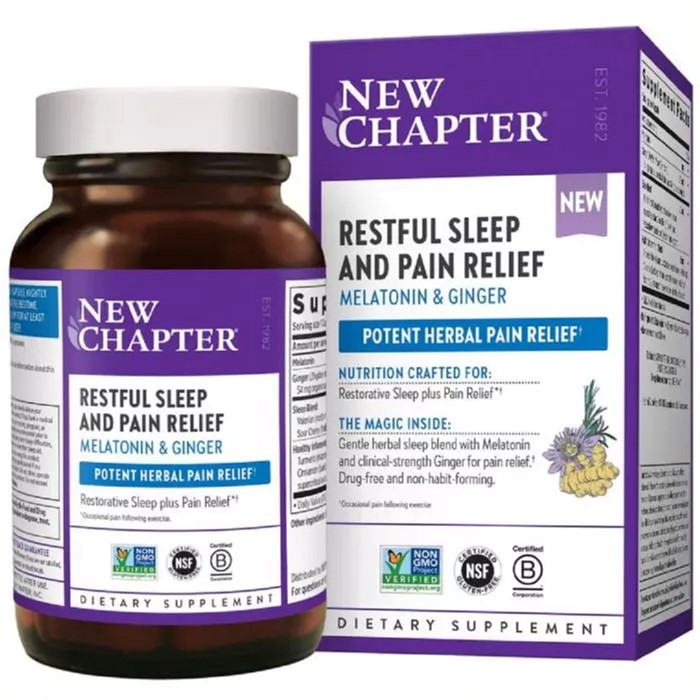 

Спокойный безболезненный сон, Restful Sleep + Pain Relief, New Chapter, 30 вегетарианских капсул (727783903433)