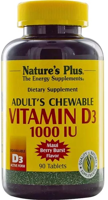 

Жевательный витамин D3 для взрослых, Вкус ягод, 1000 МЕ, Natures Plus, 90 таблеток (097467010444)