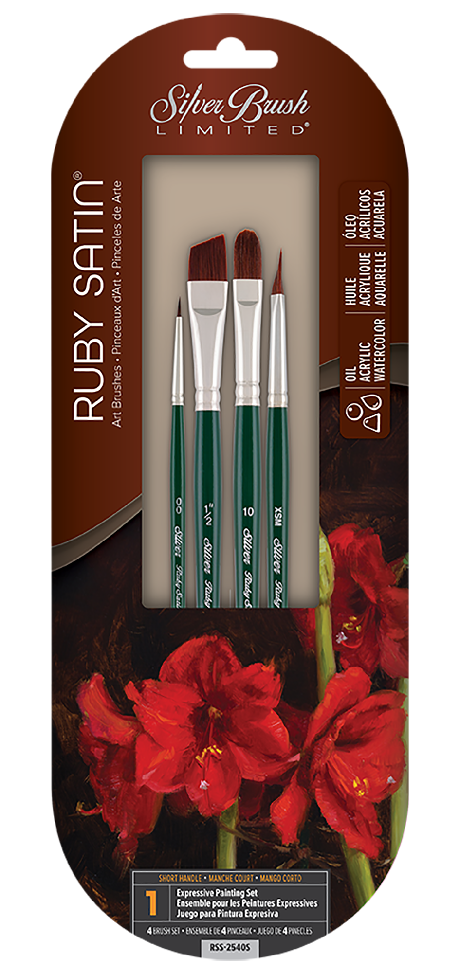 

Набор кистей Silver Brush Ruby Satin: круглая № 2/0, треугольная XSM; "кошачий язык" № 10; скошеная № 1/2"