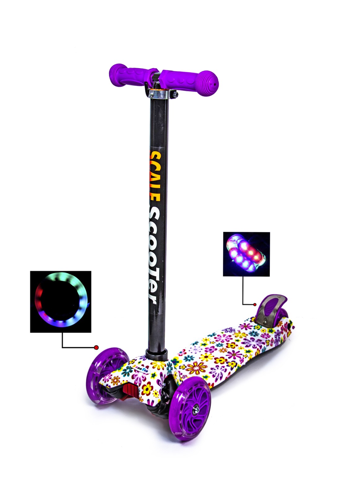 

Детский самокат Scale Sports ABEC-7 MAXI. Violet Flowers. Светящиеся фиолетовые колеса!