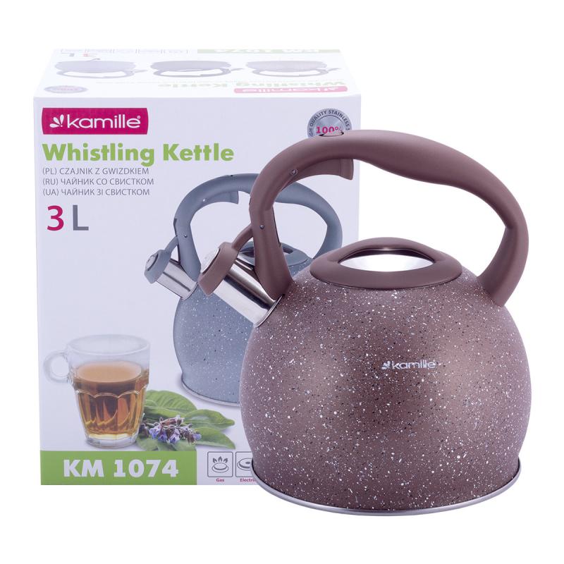

Чайник Kamille Whistling Kettle 3л из нержавеющей стали со свистком, коричневый мрамор