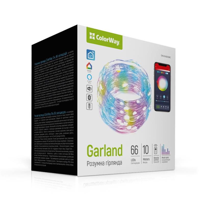 

Smart LED RGB гирлянда ColorWay (CW-GS-66L10UMC) 66LED, 10м, WiFi, Bluetooth, синхронизация освещения с музыкой