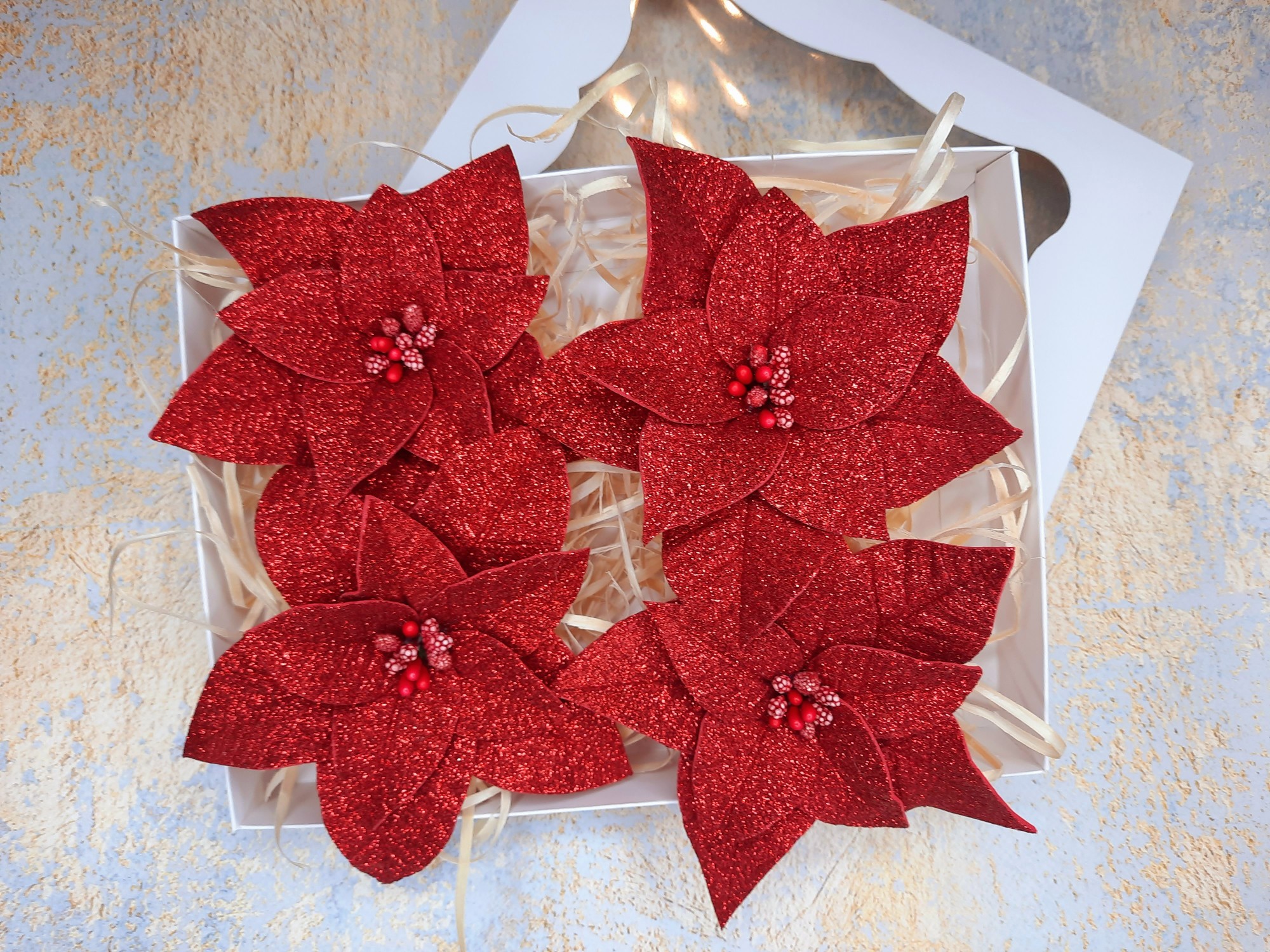 

Новогодний декор Пуансеттия 13 см красная с глиттером на зажиме 4 шт. в подарочной упаковке