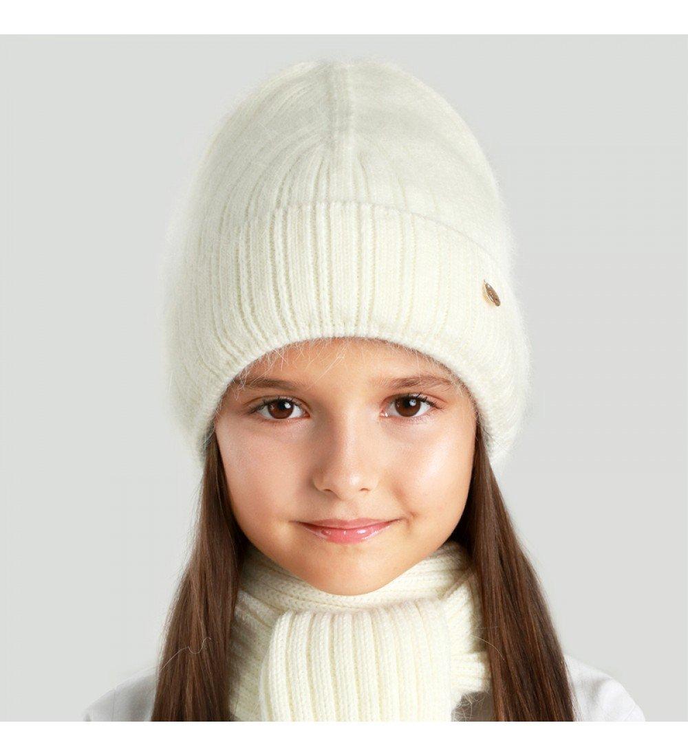 

Шапка детская Elf-Kids ОГ 50-52 см с шарфом зимняя вязаная ангора для девочек ШАРЛОТТА молочная