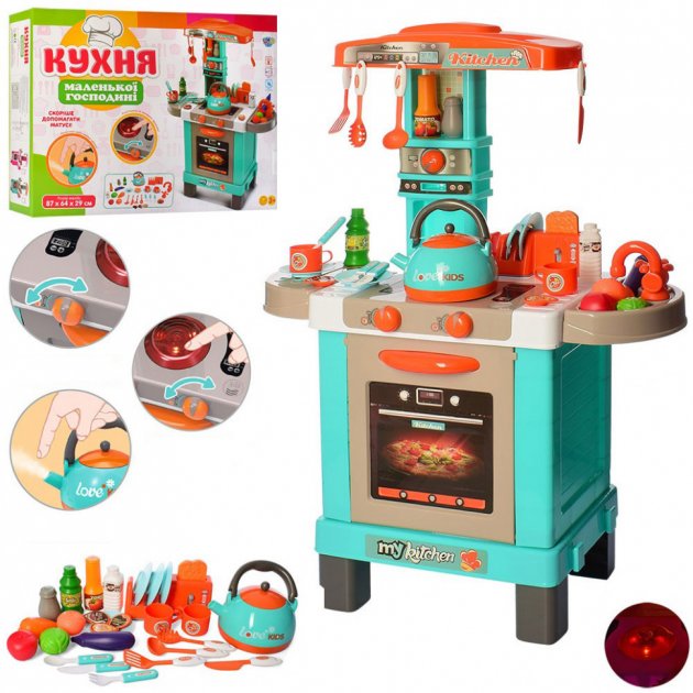 

Детская игровая Кухня с Паром Kids Kitchen 008-939А Бирюзовая Высота 87 см Свет, звук, посуда, продукты 53 предмета