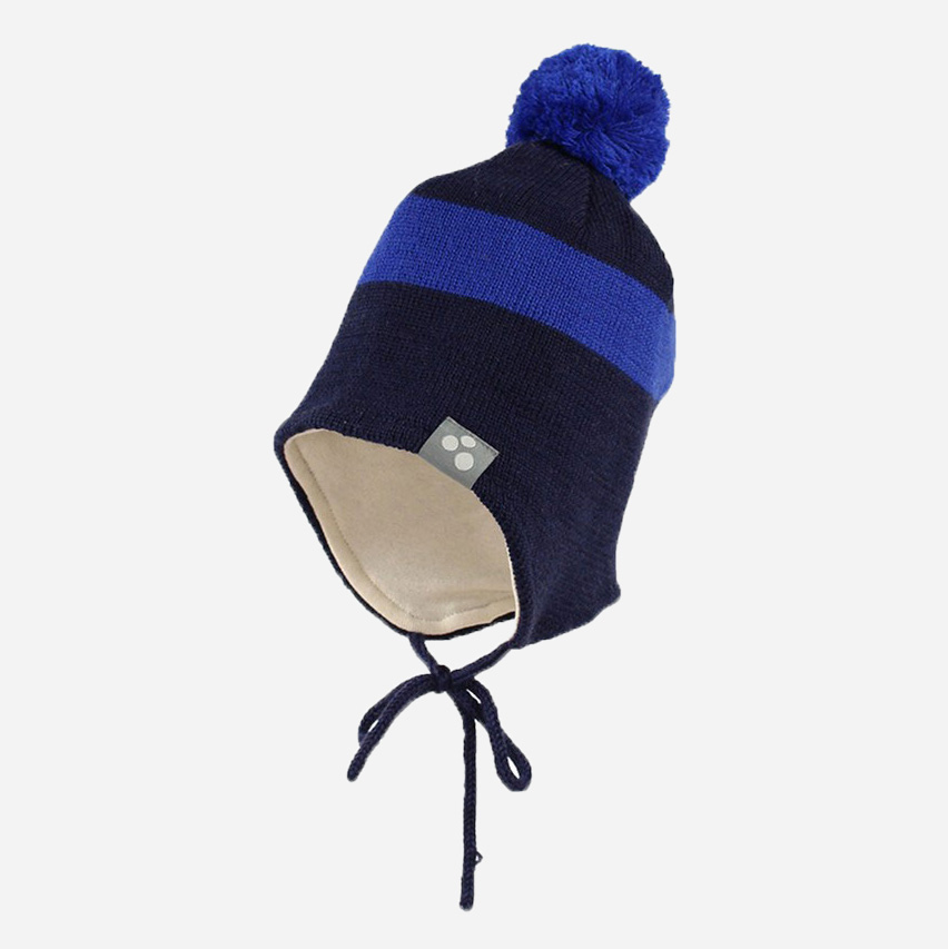 Акция на Дитяча зимова шапка в'язана на зав'язках із помпоном для хлопчика Huppa Viiro 1 83620100-70086 S 47-49 см от Rozetka