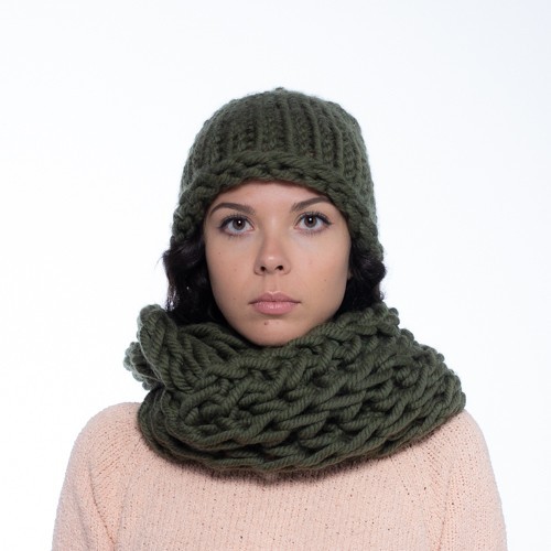 

Комплект из толстой пряжи шапка и снуд PureWool Zefir Болотный ZR10267NW