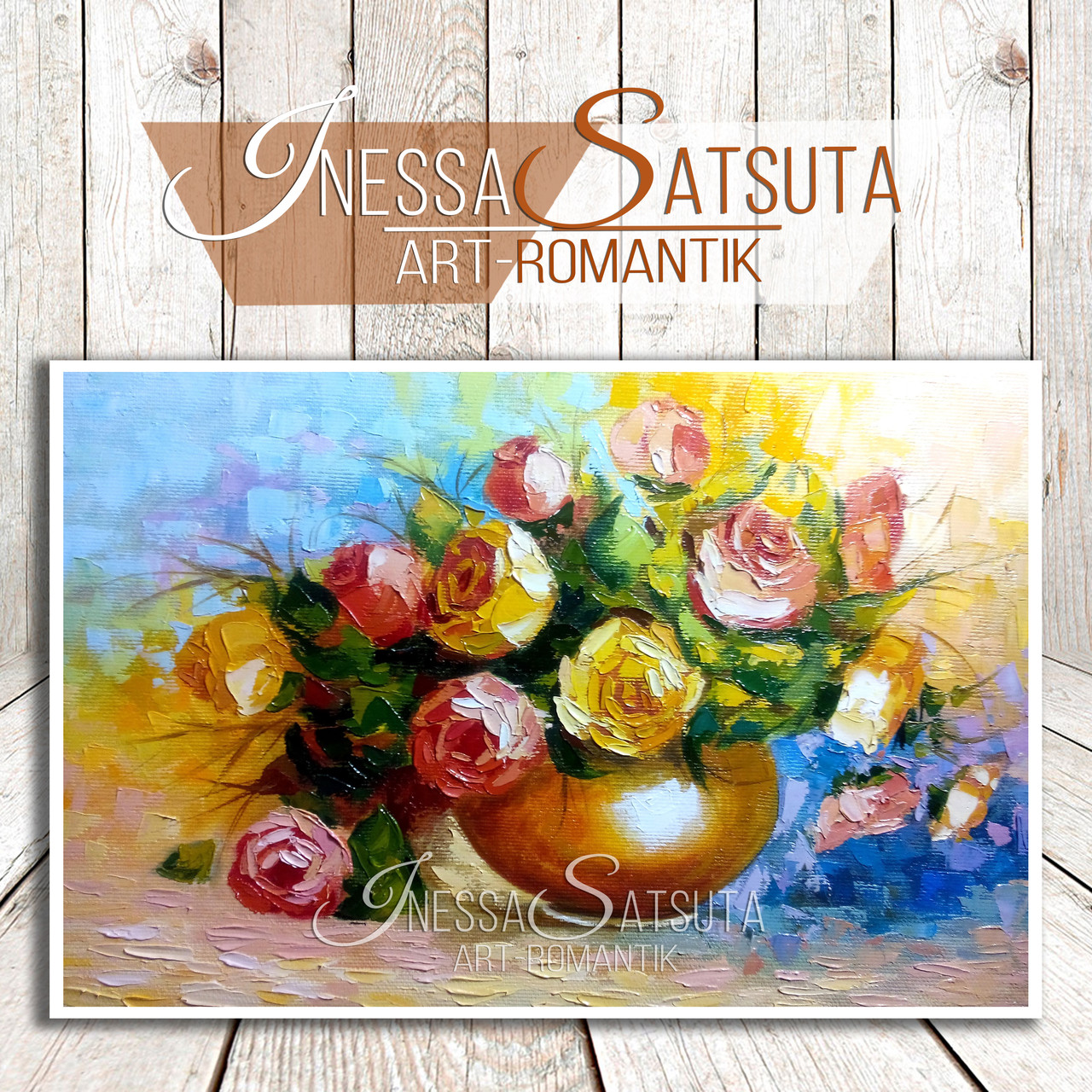 

Картина маслом букет желтых роз Красные цветы в вазе мастихином 20 х 30 см Художник Инесса Сацута ручная работа