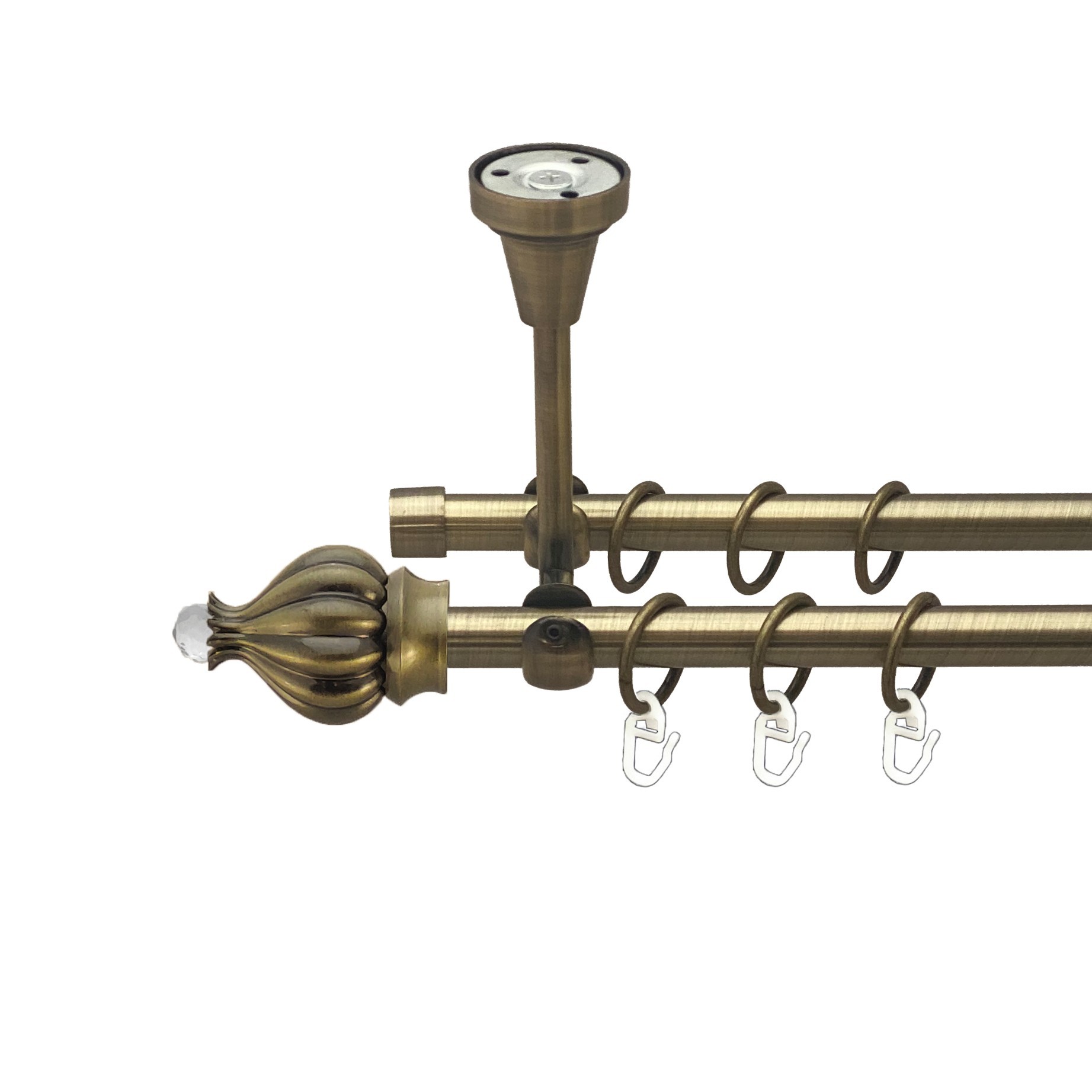

Карниз Orvit Таджа-Кристал металевий дворядний відкритий до стелі гладка труба кільце металеве Антик 16\16 мм 240 см (00-00016977)
