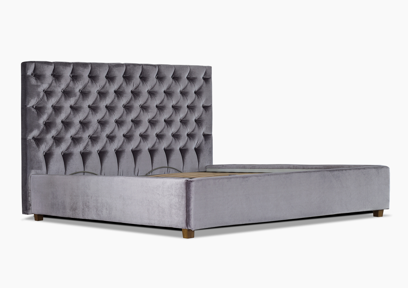 

Кровать двуспальная с металлическим каркасом и мягким изголовьем из ДСП и ДВП 160х200 Мишель (с пуговицами) обивка ткань серый Eurosof (без матраса и ниши)