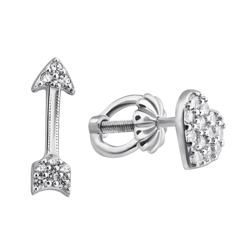 

Серебряные серьги-пуссеты Стрела Амура с фианитами в виде стрелы на одной серьге и сердца на второй 000120620