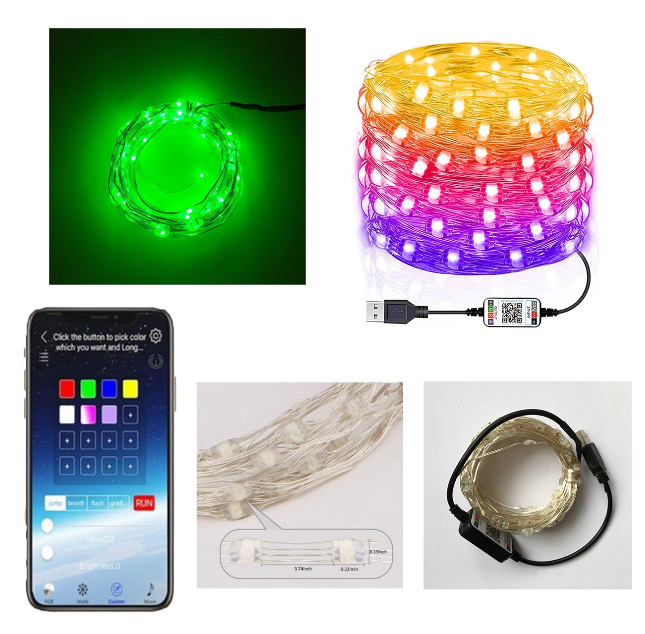 

Светодиодная смарт-гирлянда нить 20 м 200 LED RGB управление через приложение в телефоне Bluetooth и WiFi USB питание мигает в такт музыки