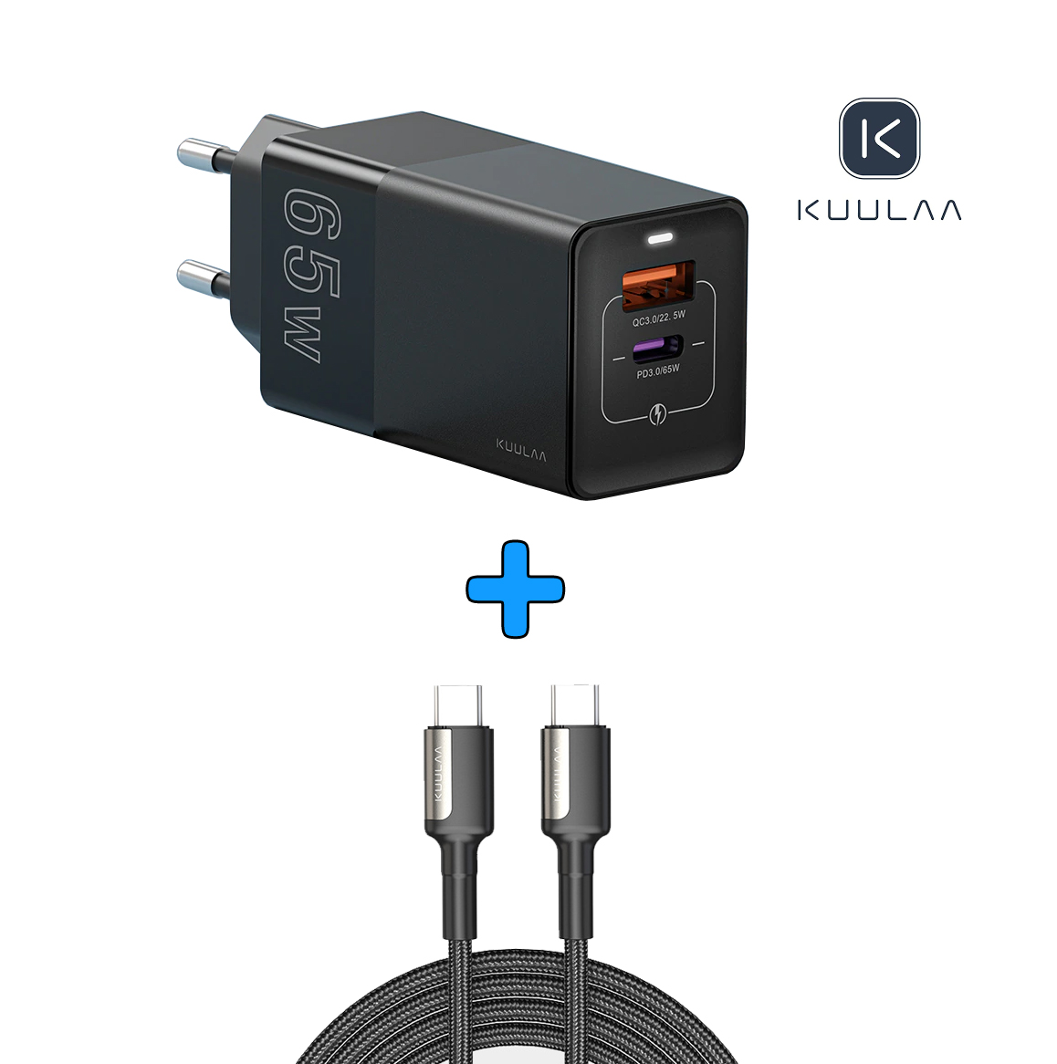 

Швидкісний зарядний пристрій KUULAA GaN QC4.0 Type-C+USB 65W Чорного кольору (СN400035-4013235)
