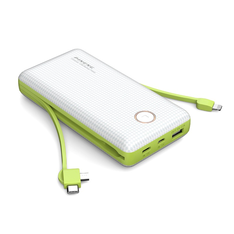 

Внешний аккумулятор Power Bank Pineng PN-959 со встроенным Micro USB / Lightning / Type-C кабелем, 20000 mAh White(Green cable)