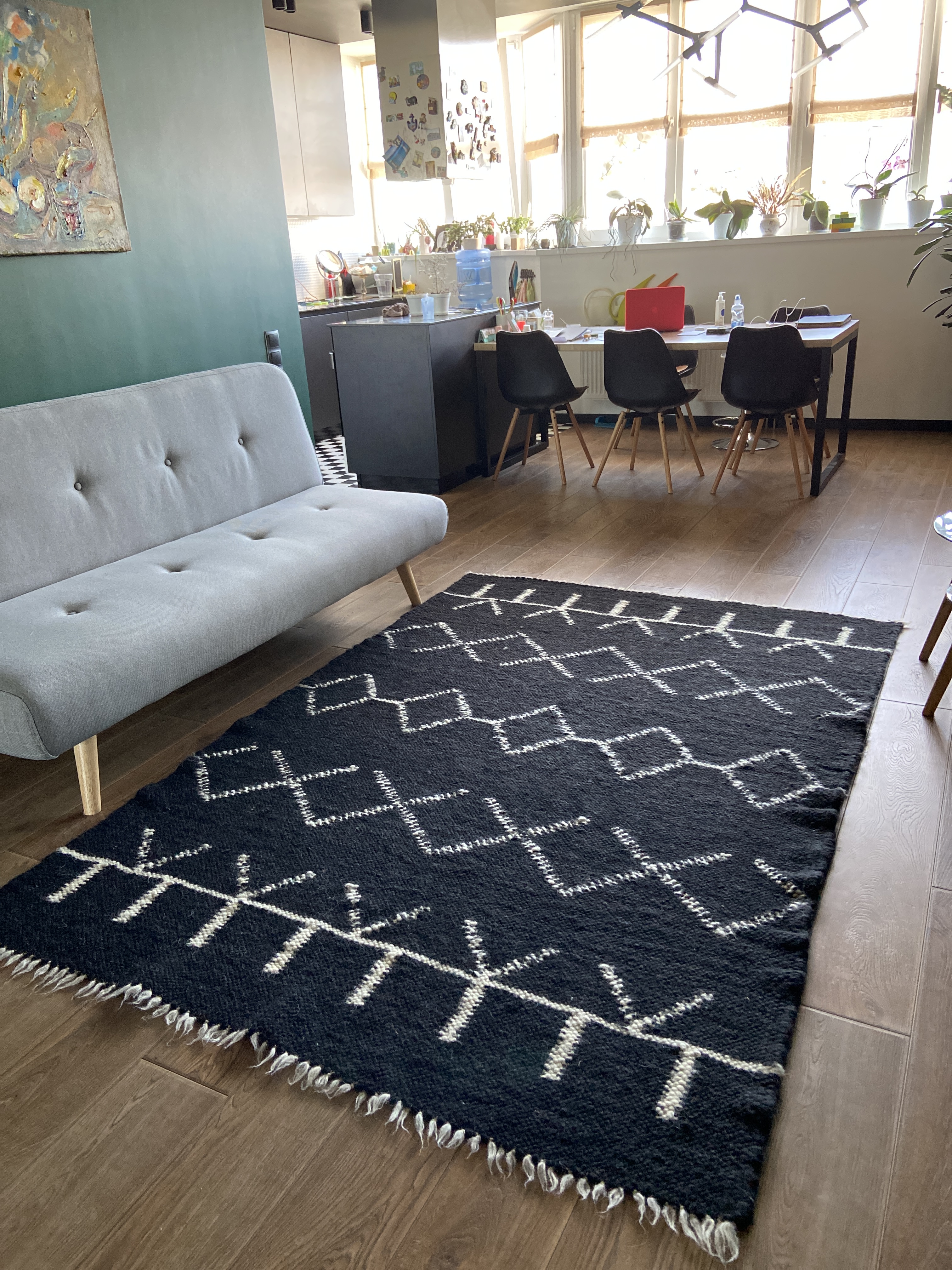 

Ковер шерстяной ручной работы Fully Wooly Племя 180х220 см черный серый синий белый скандинавский