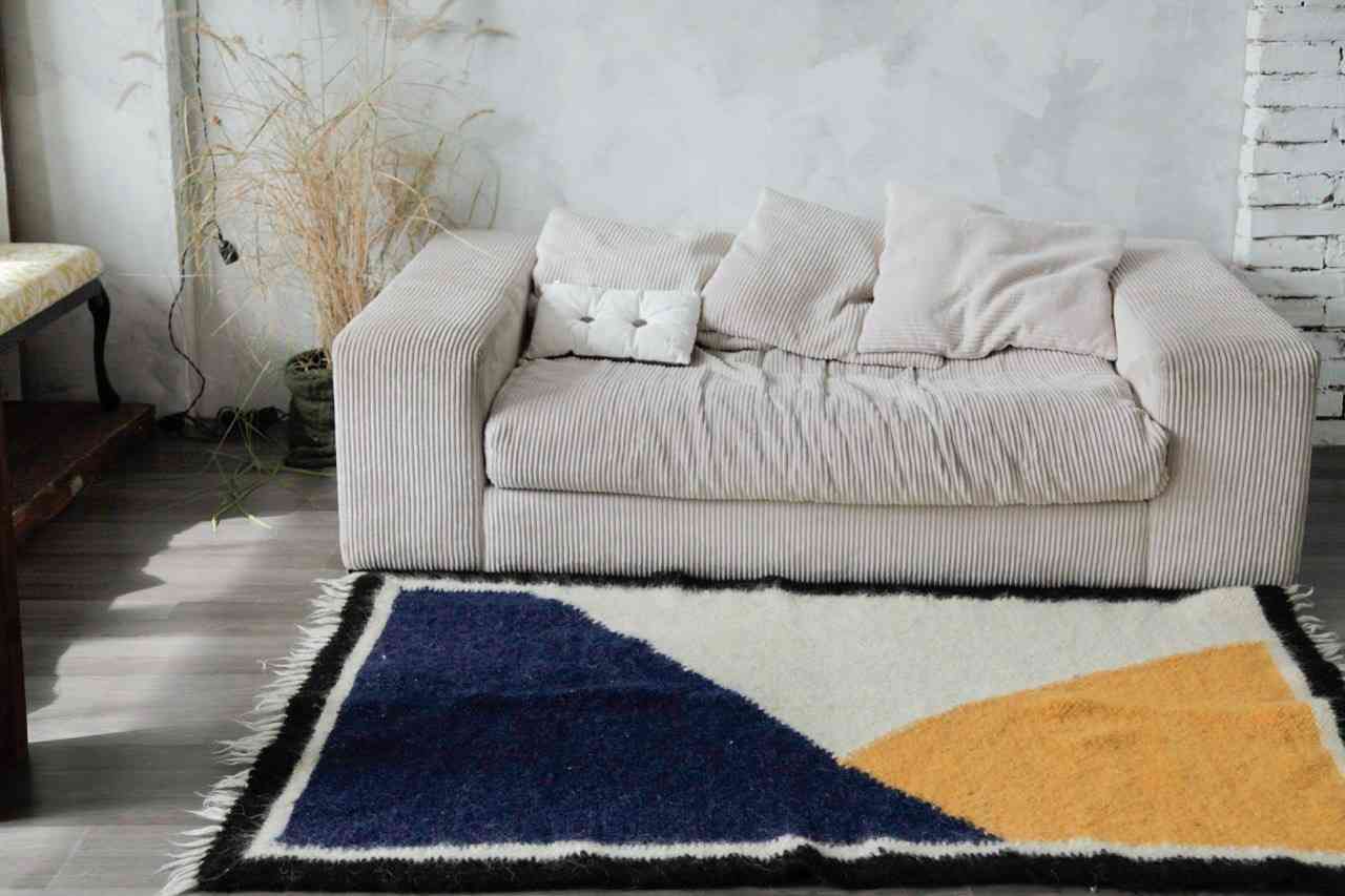 

Ковер шерстяной ручной работы Fully Wooly Постмодерн 150х150 см синий белый оранжевый современный