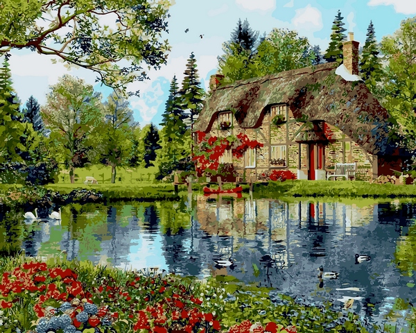 

Пруд с лебедями. Картина по номерам на холсте. Mariposa 40x50
