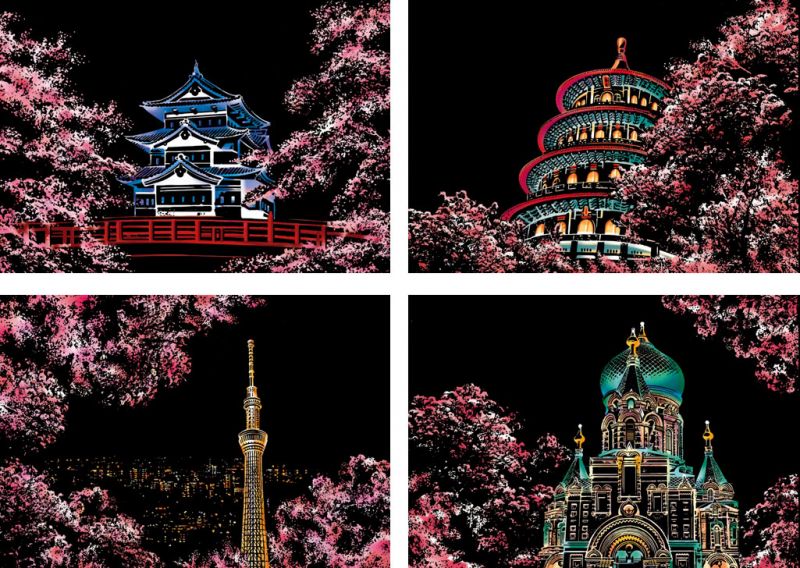 

Скретч набор из 4 х картин "Cherry Blossom". Yuelu 21x29.7