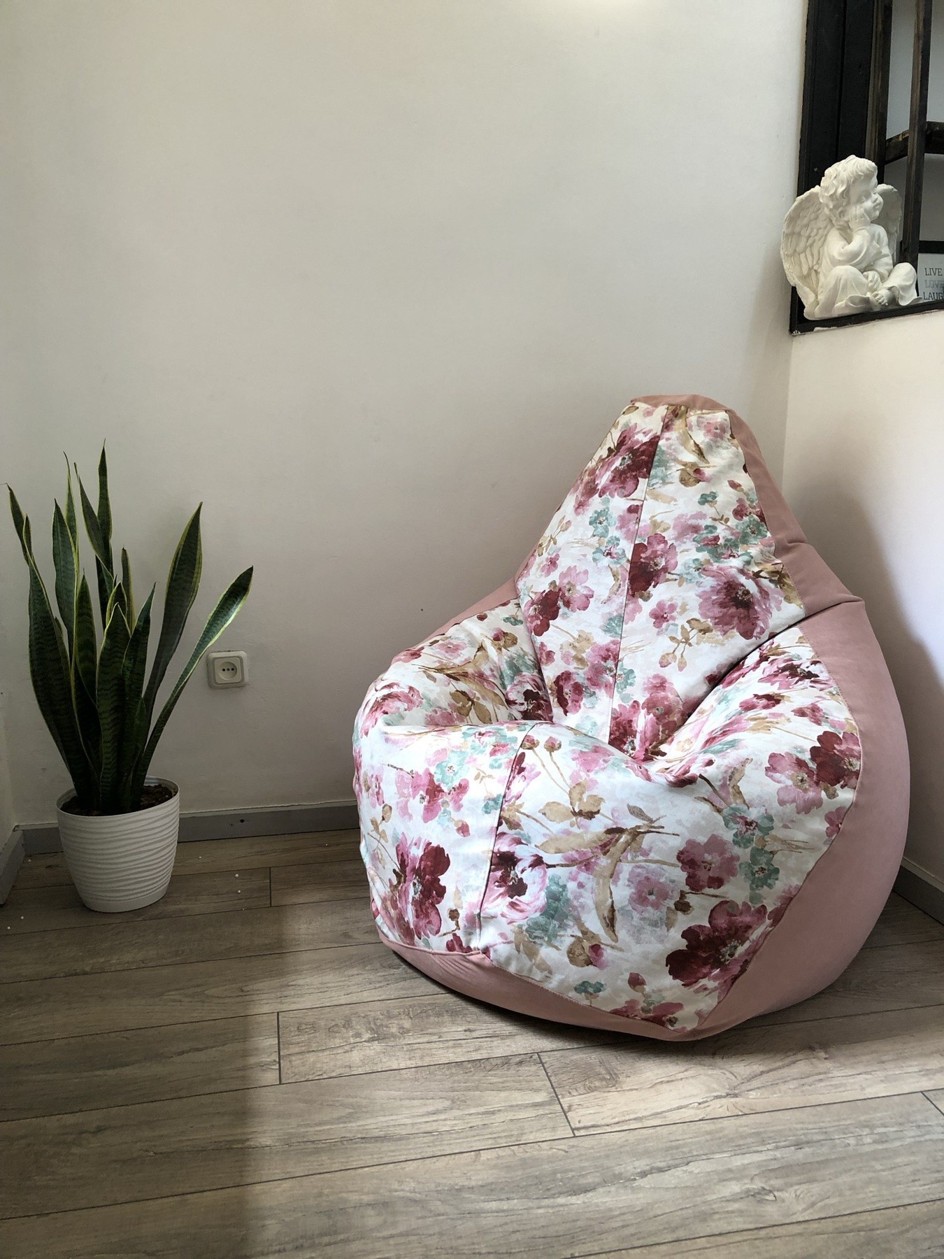 

Кресло мешок груша премиум XL со съёмным чехлом Арт Декор принт Цветы рожевые