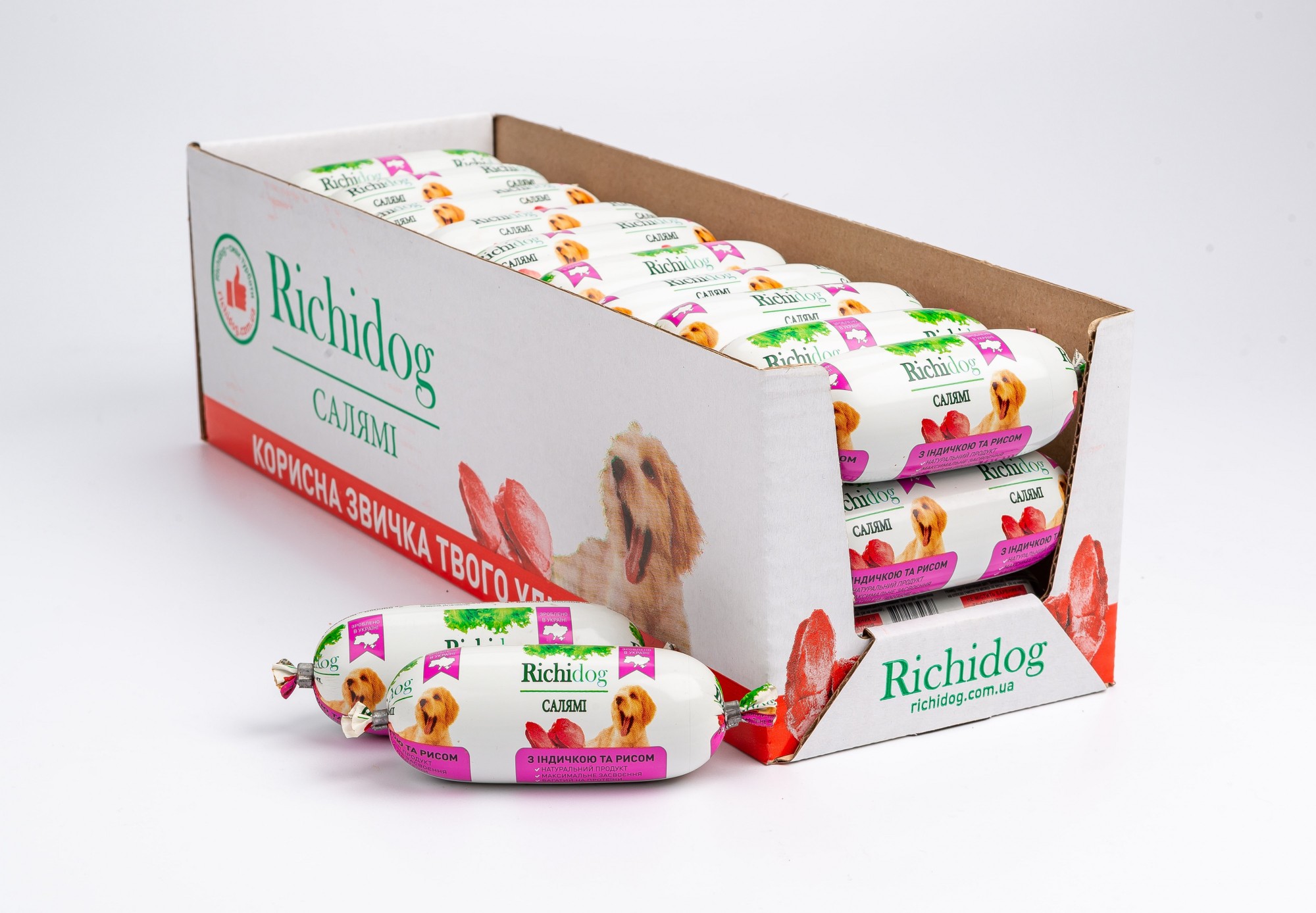 

Ящик корма-паштета салями для собак Richi Dog c индейкой и рисом 30 шт. по 120 г