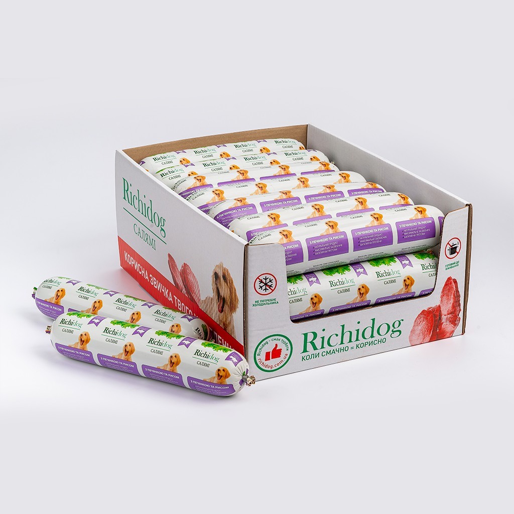 

Ящик корма-паштета салями для собак Richi Dog c печенкой и рисом 21 шт. по 620 г