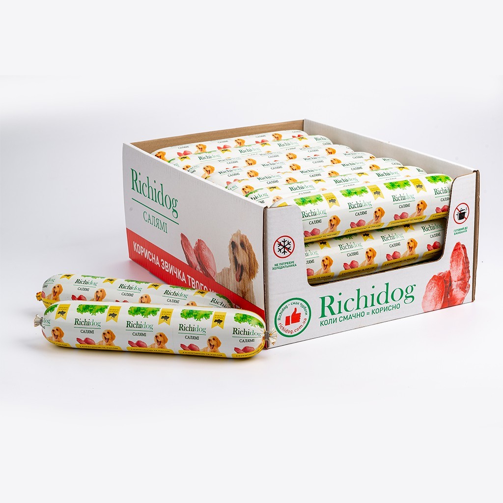

Ящик корма-паштета салями для собак Richi Dog c курицей и рисом 21 шт. по 620 г