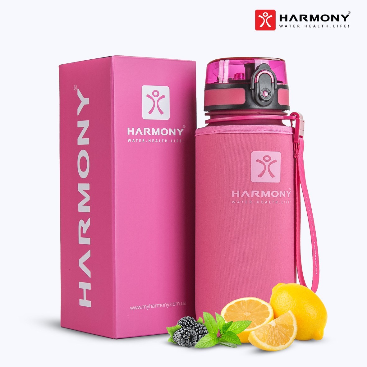 

Бутылка для воды Harmony Total Rose 0,65 л. с контейнером для фруктов и защитным неопреновым чехлом