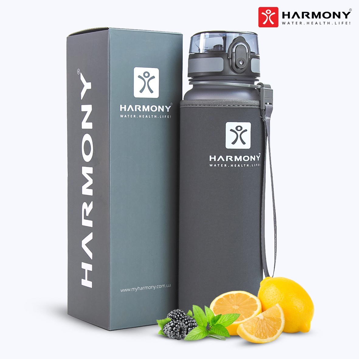 

Бутылка для воды Harmony Total Graphite 1 л. с контейнером для фруктов и защитным неопреновым чехлом