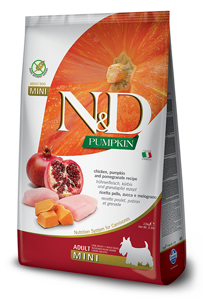 

Farmina (Фармина) N&D GRAIN FREE PUMPKIN DOG CHICKEN & POMEGRANATE ADULT MINI 800 GRБеззерновой сухой корм для собак мелких пород (тыква/курица/гранат), 800 гр