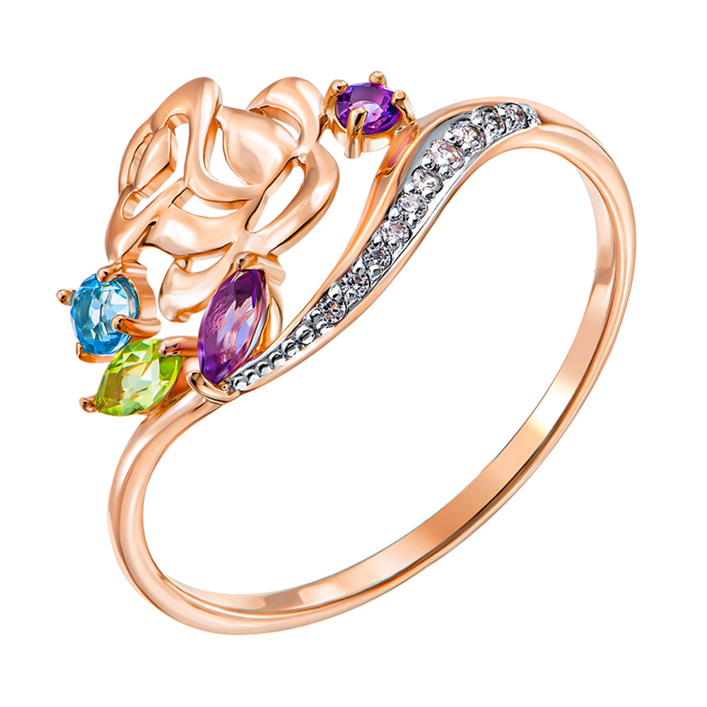 

Кольцо из красного золота с аметистами, хризолитом, топазом и цирконием 000138395 16.5 размера