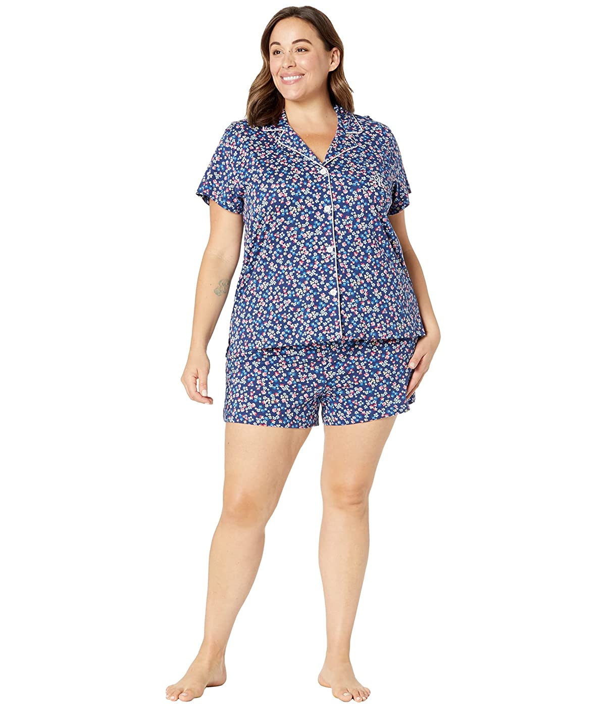 

Пижама Ralph Lauren Plus Size Short Sleeve Knit Notch Collar Boxer PJ Set Navy Print, XXL (52)