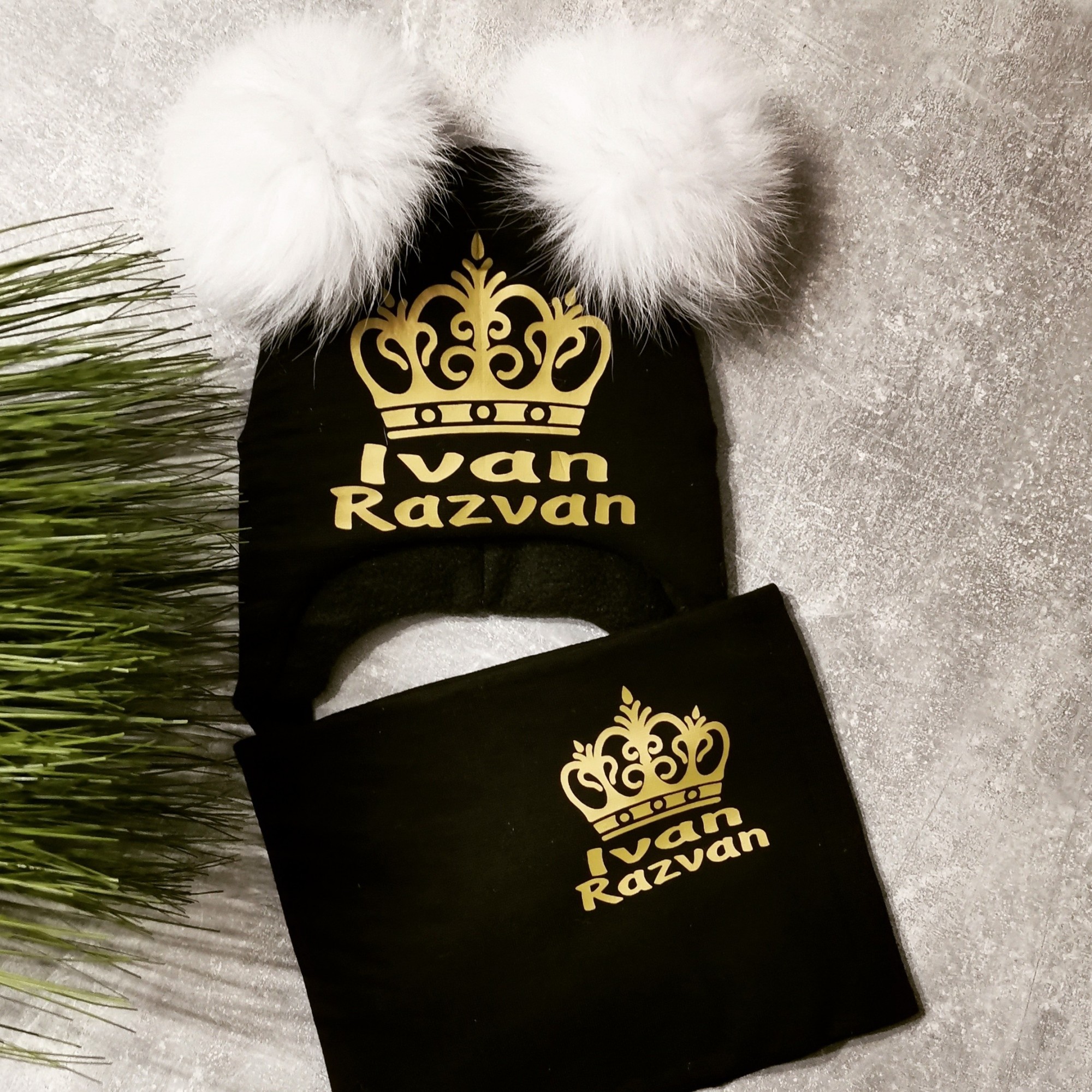 

Зимний набор шапочка и хомут Amika_brand с любой надписью размер 52-54 черный 0109