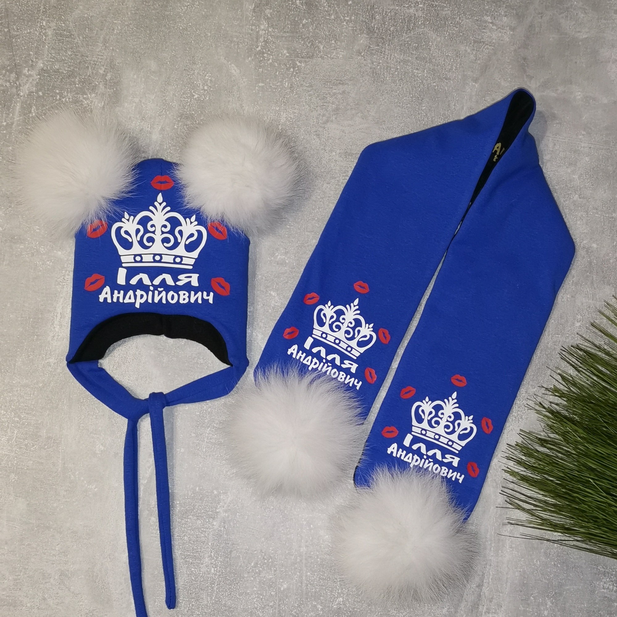 

Зимний набор шапочка и шарф Amika_brand с любой надписью размер 52-54 синий 09