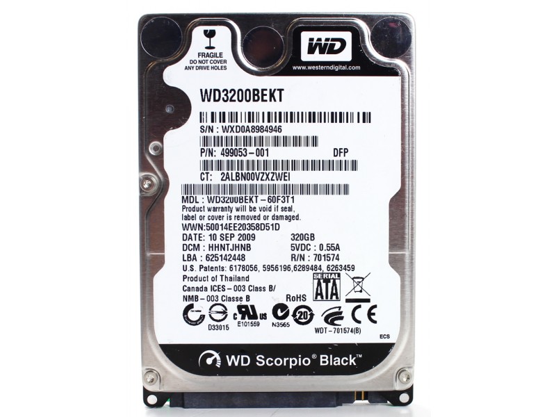 

Накопитель HDD 2.5" SATA 320Gb WD, 16Mb, 7200rpm, Black (WD3200BEKT)
