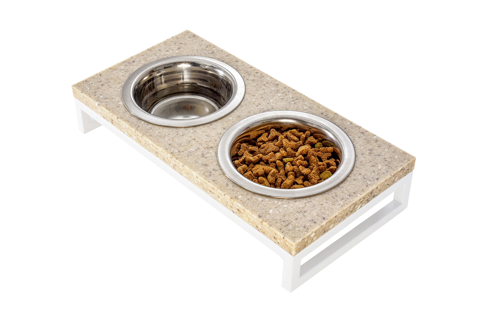 

Миски на подставке бежевый камень - белый металл Lunch Bar Stone Beige Stone + White S (36x18x7cm / Миски по 0,45л) Harley & Cho BGL-HL-34