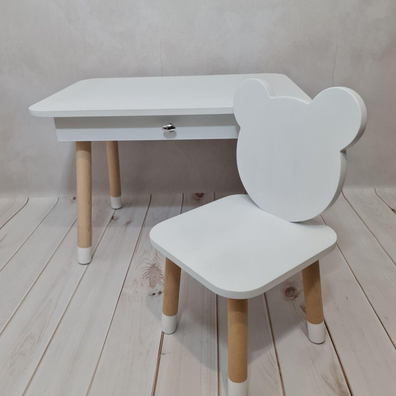 

Детский столик с выдвижным ящиком, высота 50 см и стульчик Мишка, высота 30 см, цвет белый
