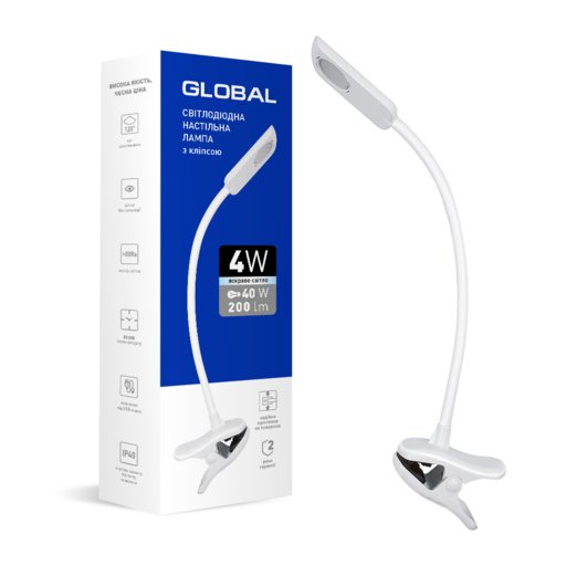 

Лампа настольная Maxus LED клипса Global 4W 4100K Белая (12009340)