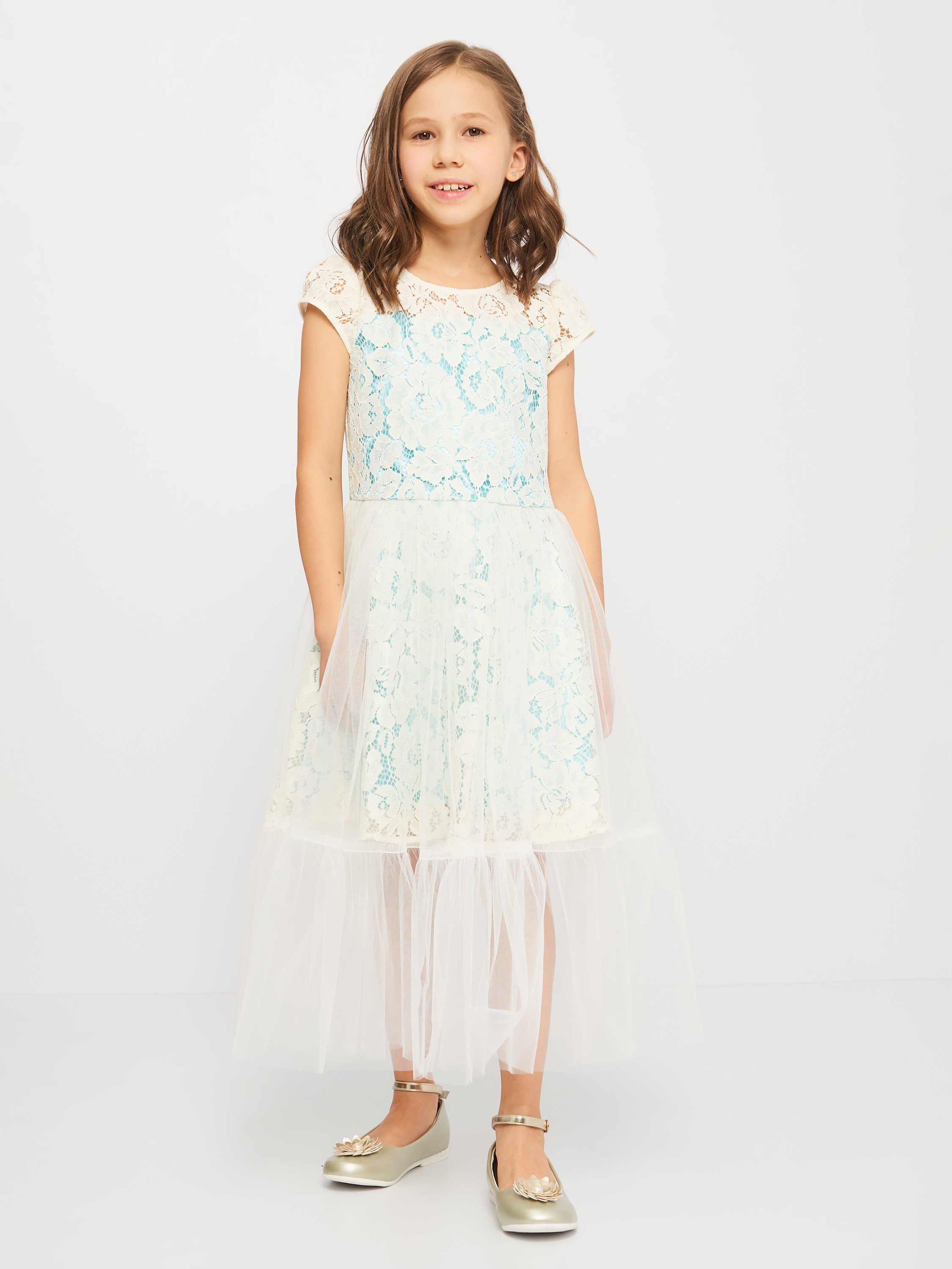 Акція на Підліткова літня святкова фатинова сукня для дівчинки Sasha 4336/10 146 см Молочий/М'ятий від Rozetka
