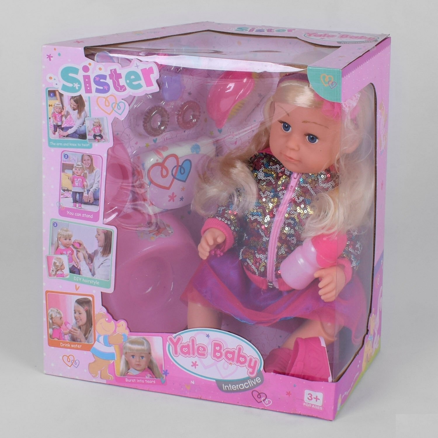 

Пупс - Сестричка "Yale Baby" рост 45см, кушает, ходит в туалет, с аксессуарами, с волосами в бомбере с паетками. Подарочная коробка.