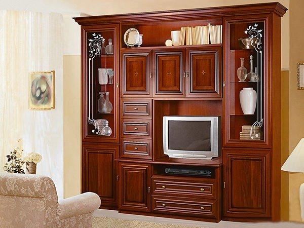 

Гостиная стенка под ТВ Капри витрина Скай 272х54х228 орех караваджо/орех лунгарно