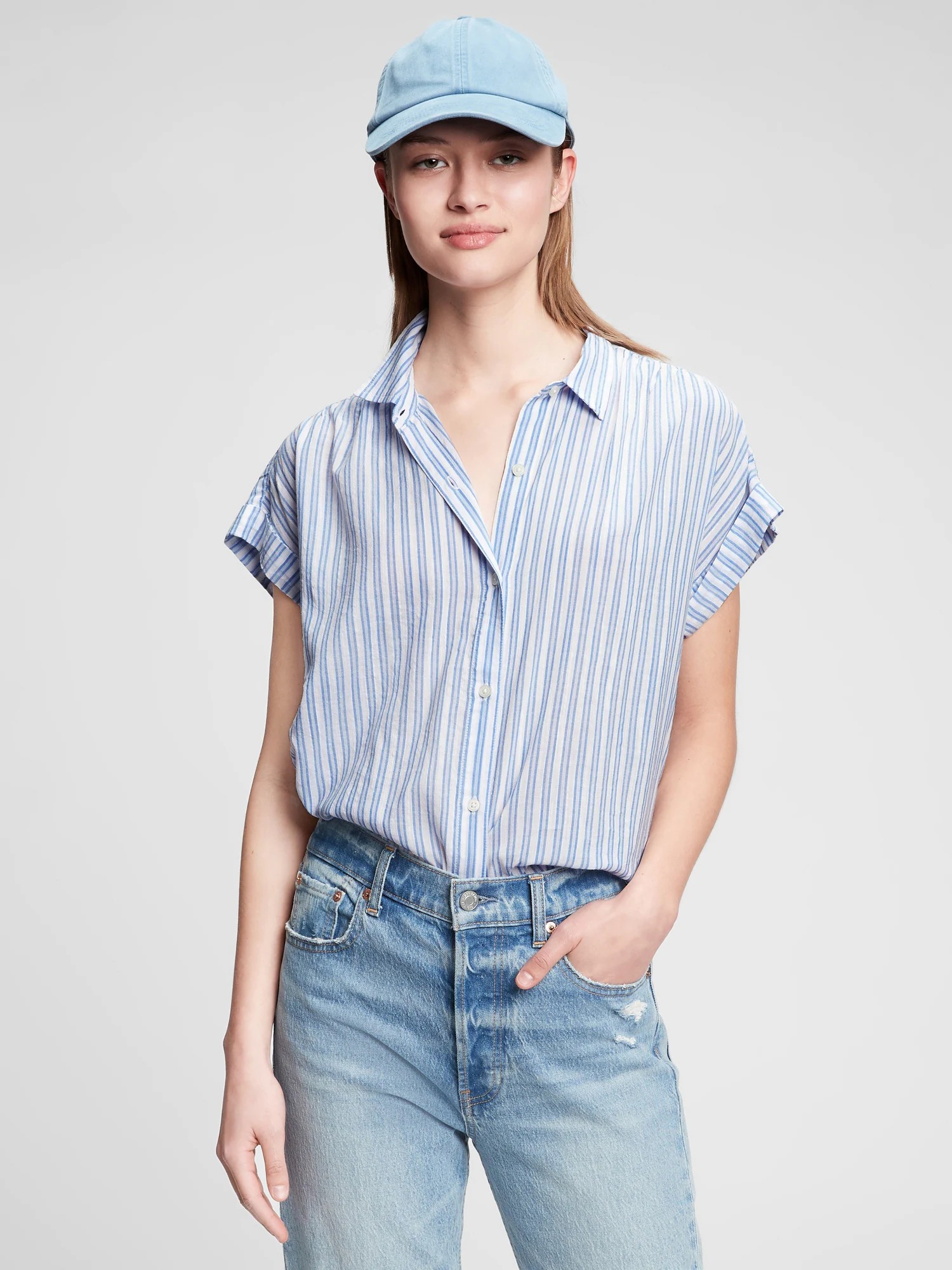 

Женская рубашка GAP в полоску 1159758355 (Голубой/Белый, XXL)