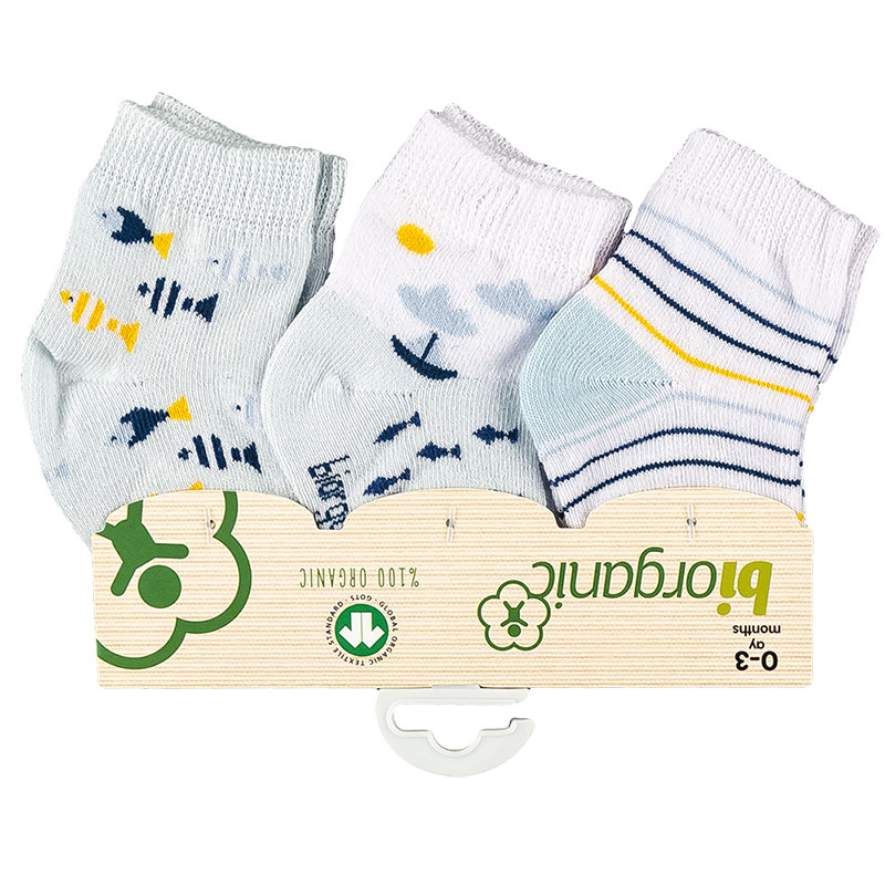 

Носочки хлопковые для мальчика (3 пары на пластине) BIORGANIC 0 - 3m (стопа 8 - 9) см голубой, белый