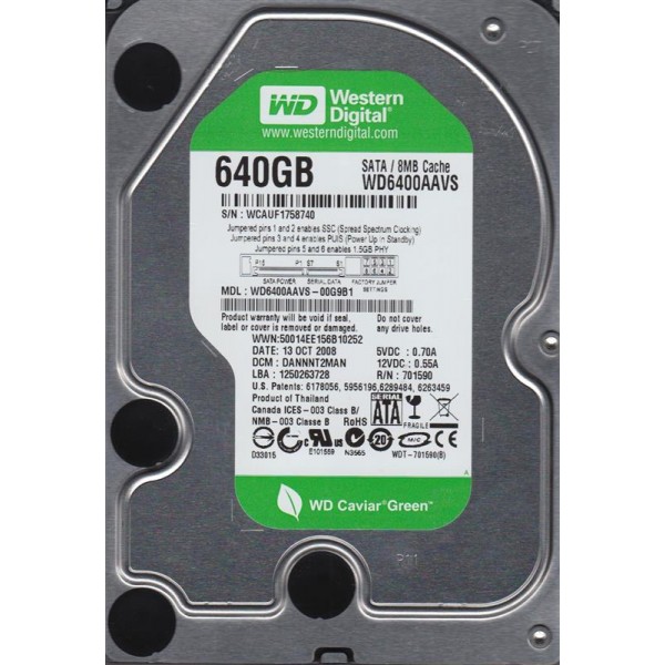 

HDD SATA 640GB WD Caviar Green 7200rpm 8MB (WD6400AAVS) Refurbished