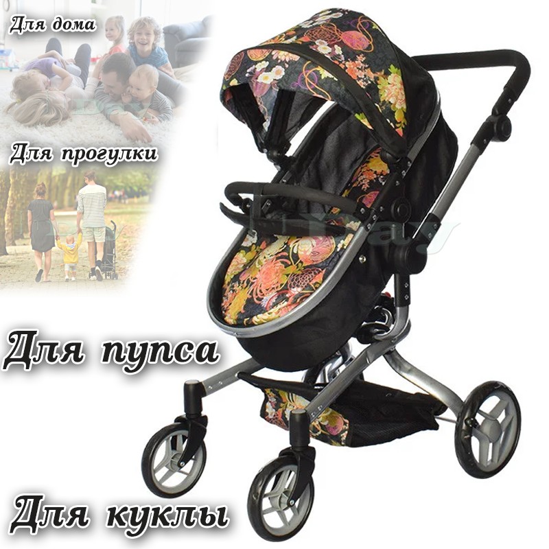 

Коляска для куклы LV-Toys Melogo "Цветы" Чорная Детская игрушечная коляска для пупса, куклы для дома и прогулки на природе